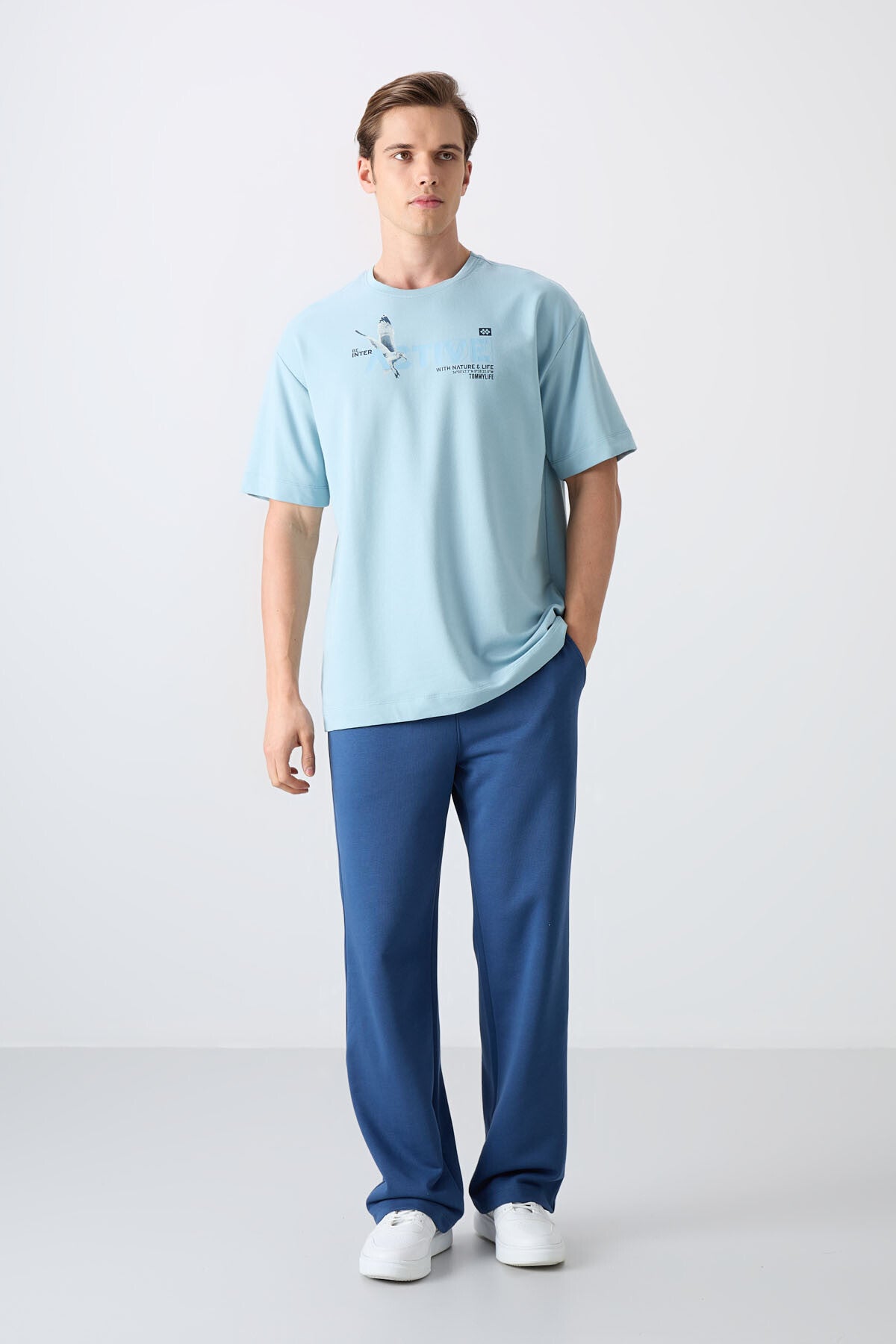 Light Blue Cotton Thick Soft Textured Oversize Fit Printed Men's T-Shirt - 88344