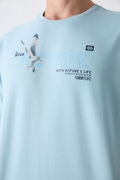Light Blue Cotton Thick Soft Textured Oversize Fit Printed Men's T-Shirt - 88344