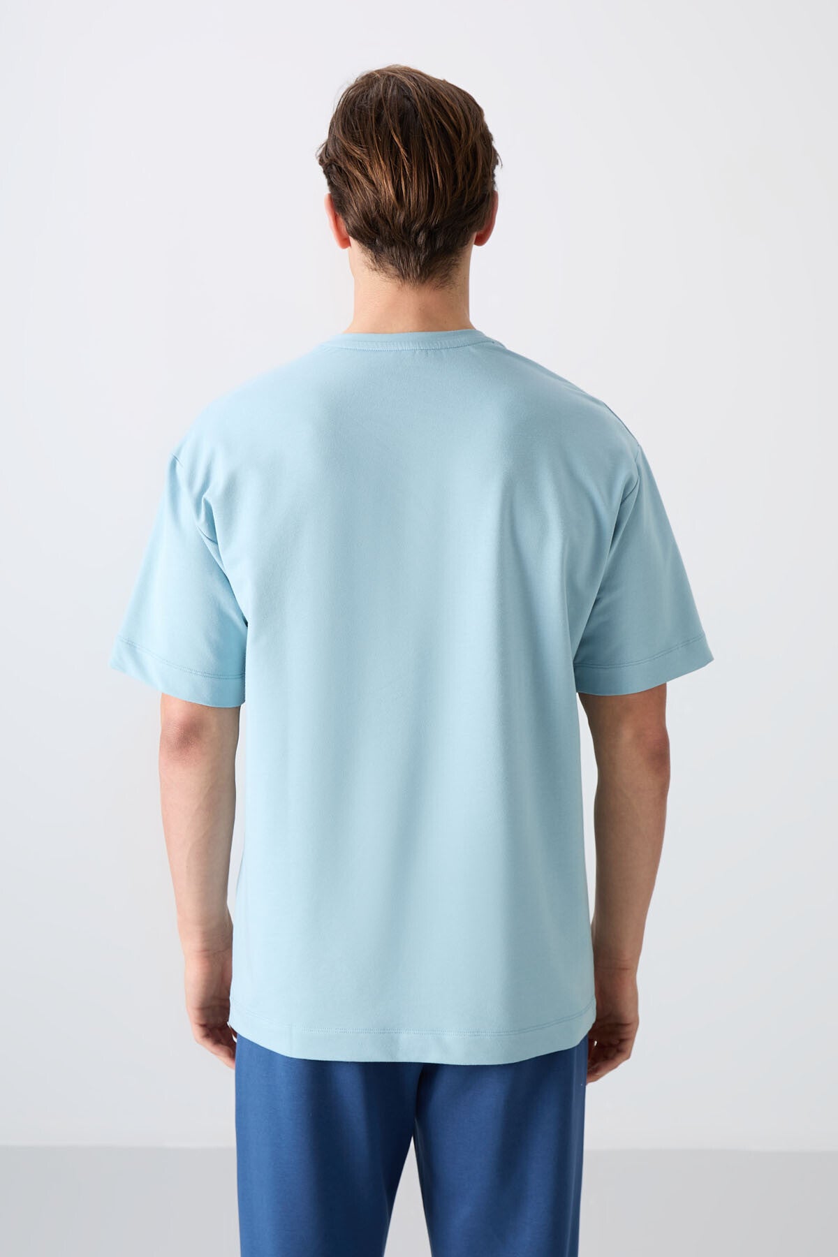 Light Blue Cotton Thick Soft Textured Oversize Fit Printed Men's T-Shirt - 88344