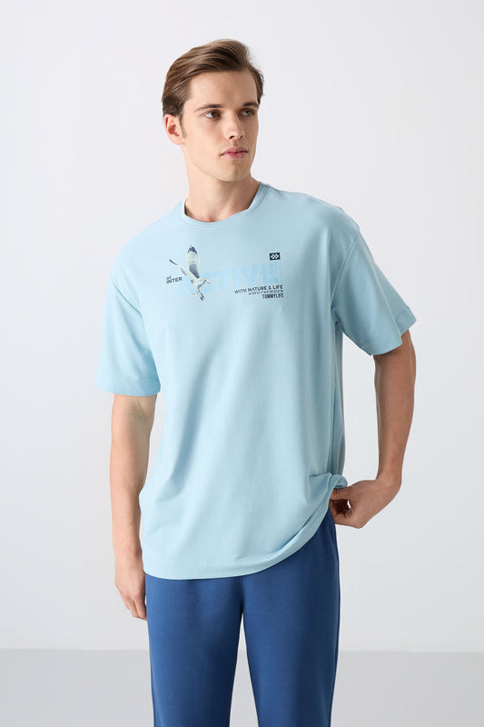 Light Blue Cotton Thick Soft Textured Oversize Fit Printed Men's T-Shirt - 88344
