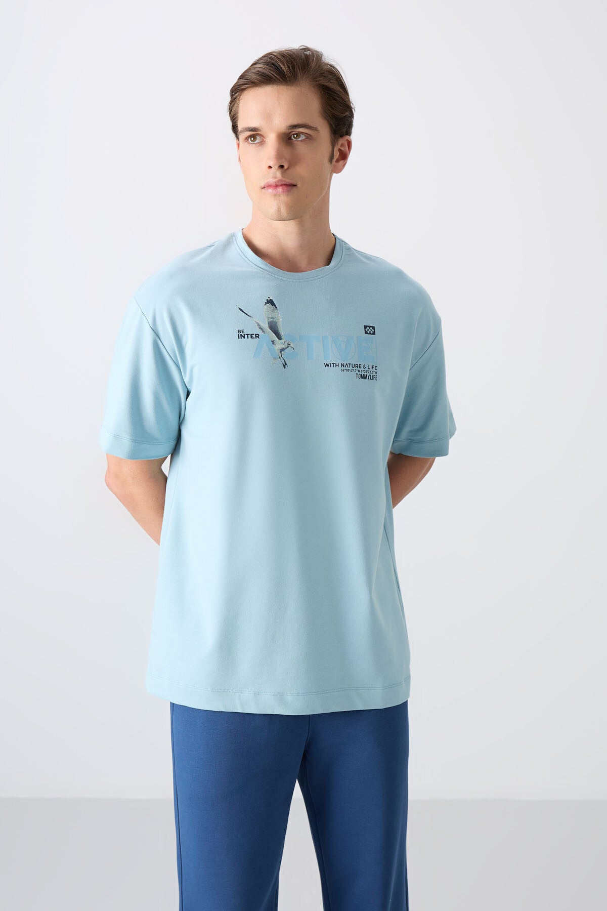 Light Blue Cotton Thick Soft Textured Oversize Fit Printed Men's T-Shirt - 88344
