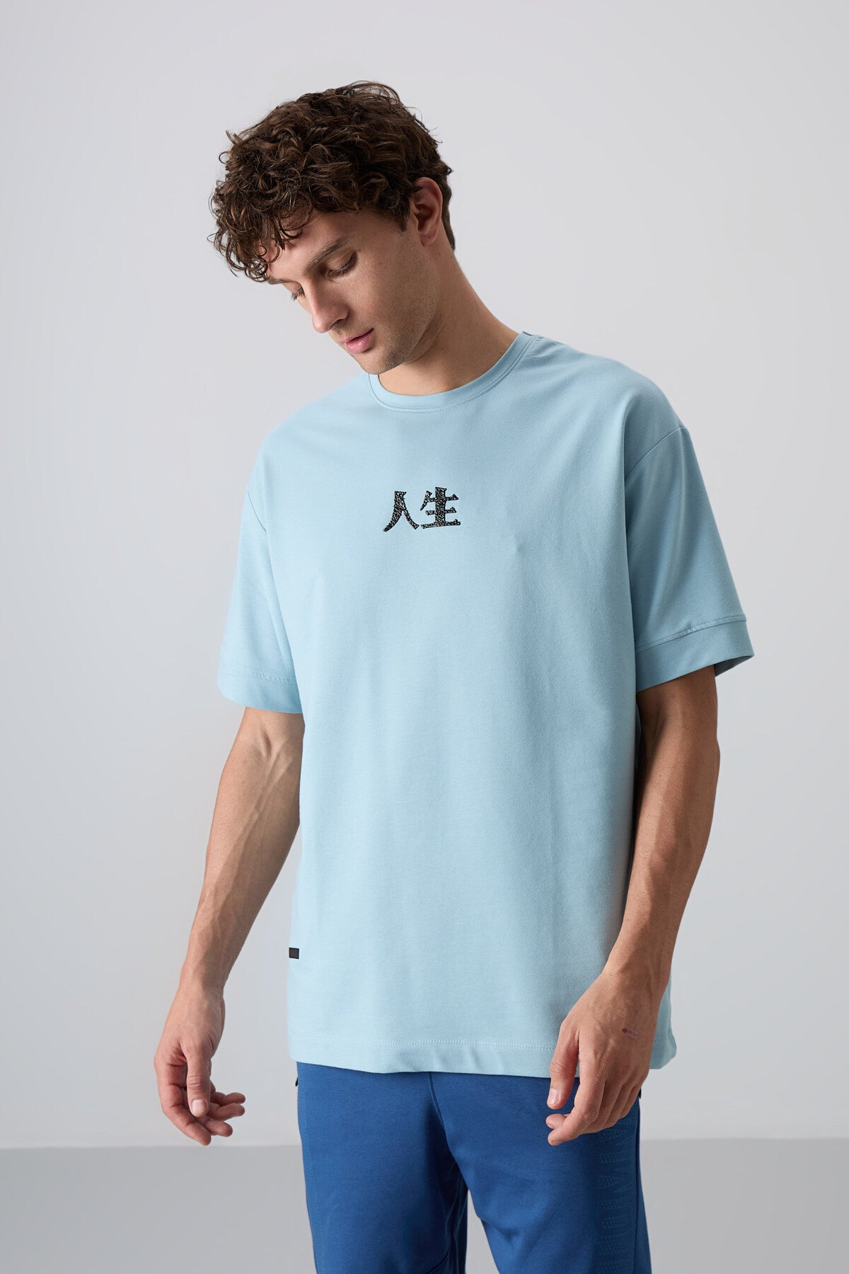 Light Blue Cotton Thick Soft Textured Oversize Fit Printed Men's T-Shirt - 88342
