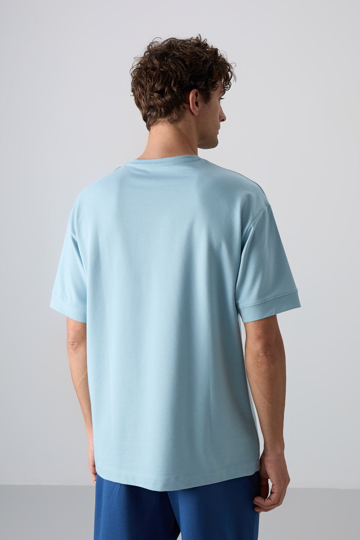 Light Blue Cotton Thick Soft Textured Oversize Fit Printed Men's T-Shirt - 88342