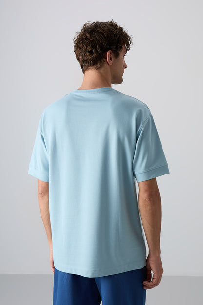 Light Blue Cotton Thick Soft Textured Oversize Fit Printed Men's T-Shirt - 88342