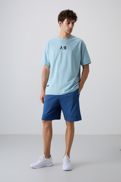 Light Blue Cotton Thick Soft Textured Oversize Fit Printed Men's T-Shirt - 88342