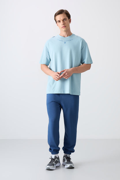 Light Blue Cotton Thick Soft Textured Oversize Fit Printed Men's T-Shirt - 88343