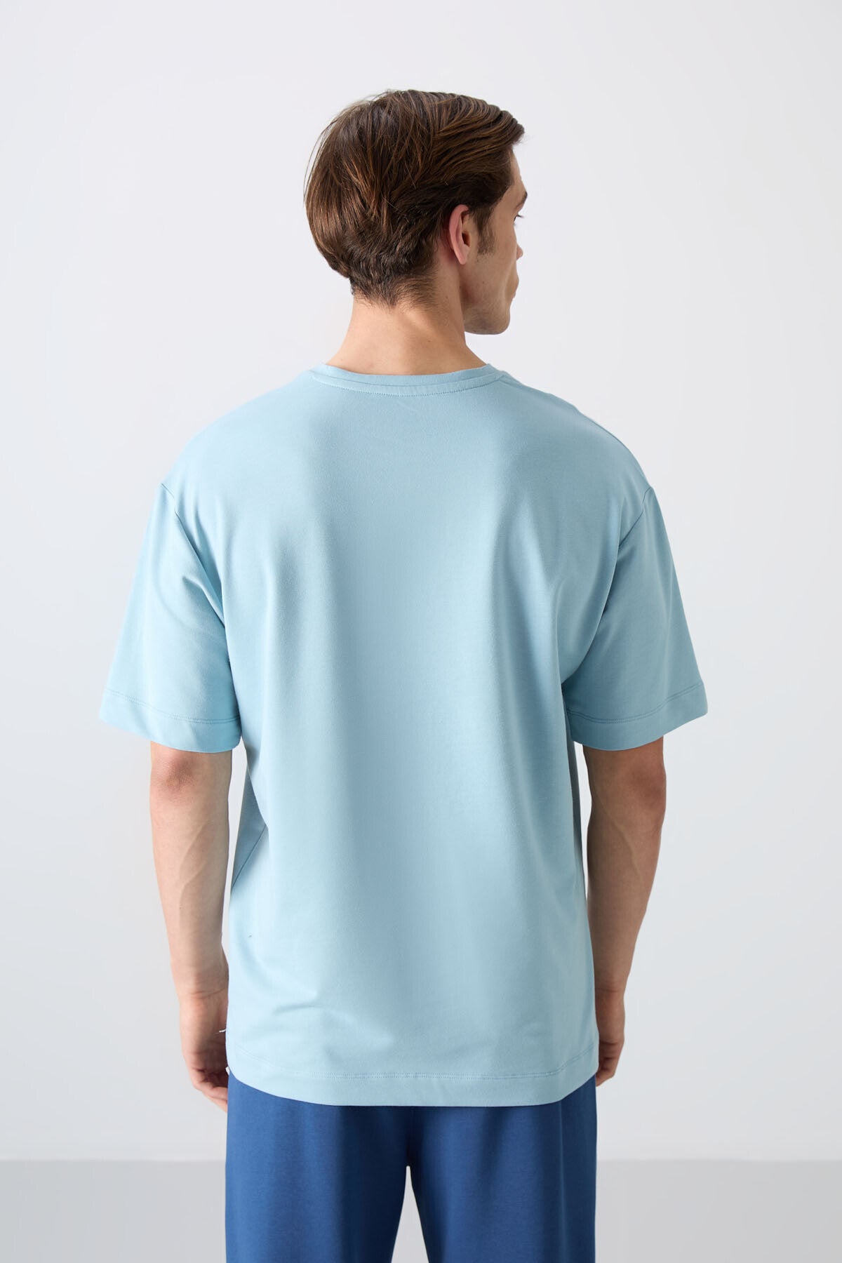 Light Blue Cotton Thick Soft Textured Oversize Fit Printed Men's T-Shirt - 88343
