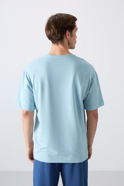 Light Blue Cotton Thick Soft Textured Oversize Fit Printed Men's T-Shirt - 88343