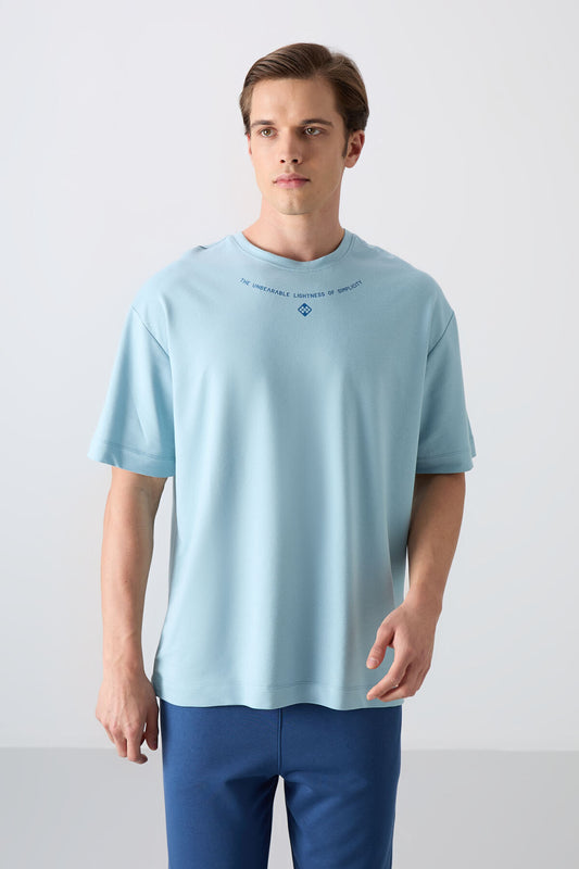 Light Blue Cotton Thick Soft Textured Oversize Fit Printed Men's T-Shirt - 88343
