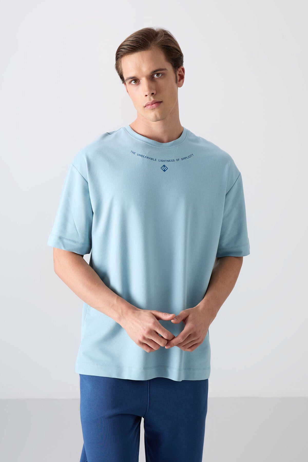 Light Blue Cotton Thick Soft Textured Oversize Fit Printed Men's T-Shirt - 88343