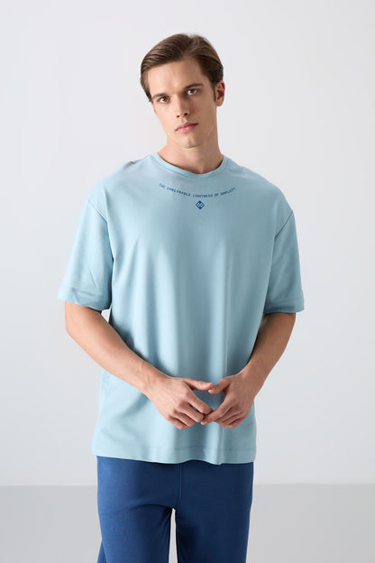 Light Blue Cotton Thick Soft Textured Oversize Fit Printed Men's T-Shirt - 88343