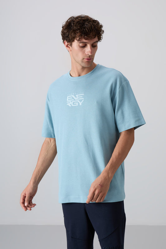 Light Blue Cotton Thick Textured Surface Oversize Fit Printed Men's T-Shirt - 88336