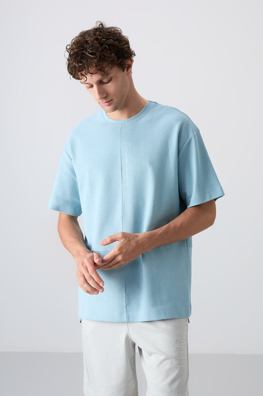 Light Blue Cotton Thick Textured Surface Oversize Fit Basic Men's T-Shirt - 88337