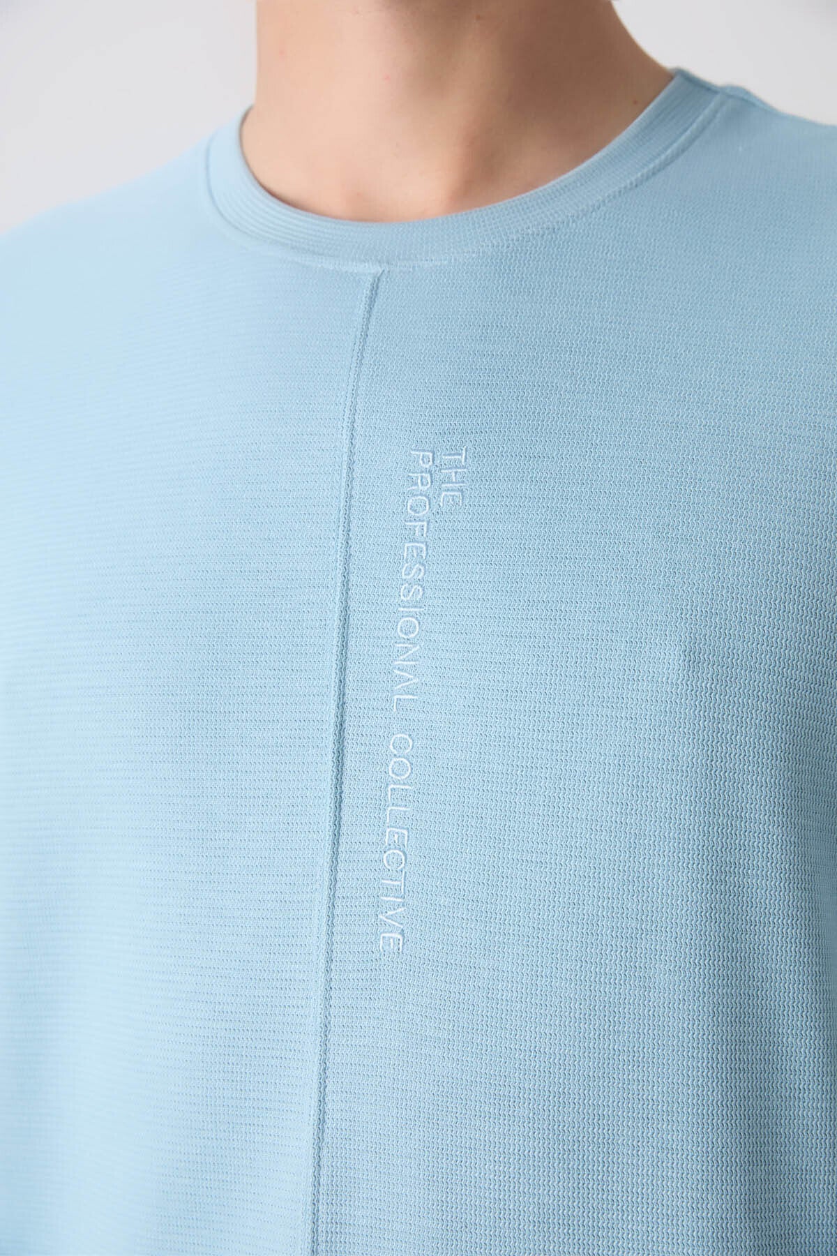 Light Blue Cotton Thick Textured Surface Oversize Fit Basic Men's T-Shirt - 88337