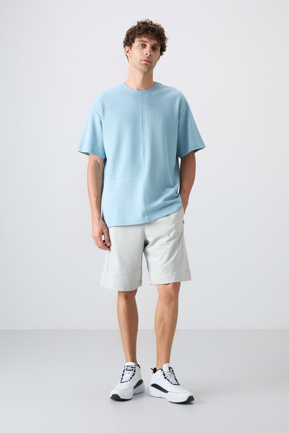 Light Blue Cotton Thick Textured Surface Oversize Fit Basic Men's T-Shirt - 88337