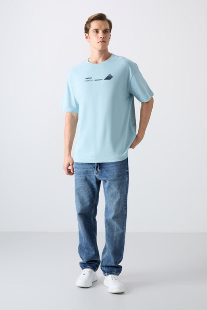 Light Blue Cotton Thick Soft Textured Oversize Fit Printed Men's T-Shirt - 88330