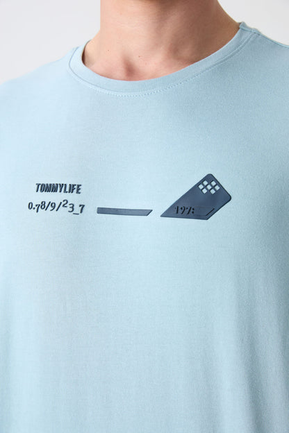 Light Blue Cotton Thick Soft Textured Oversize Fit Printed Men's T-Shirt - 88330
