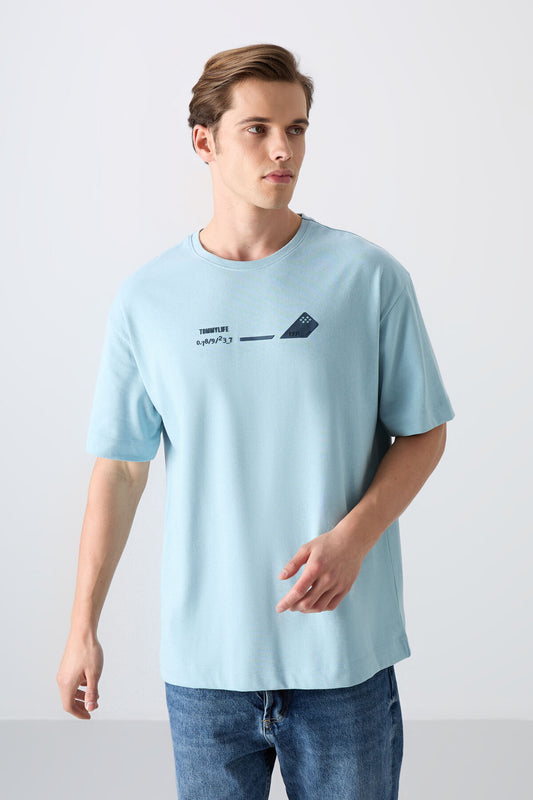 Light Blue Cotton Thick Soft Textured Oversize Fit Printed Men's T-Shirt - 88330
