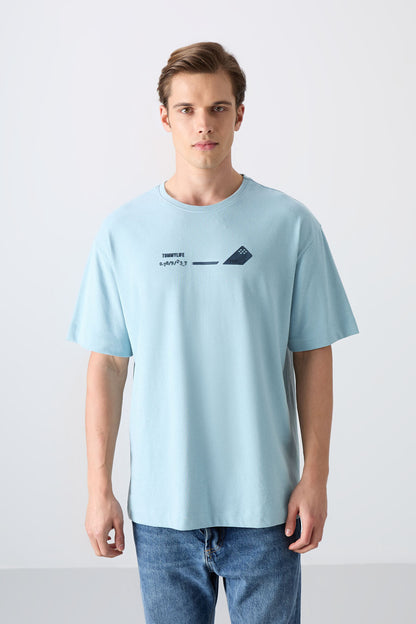 Light Blue Cotton Thick Soft Textured Oversize Fit Printed Men's T-Shirt - 88330