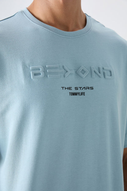 Light Blue Cotton Thick Soft Textured Oversize Fit Printed Men's T-Shirt - 88328