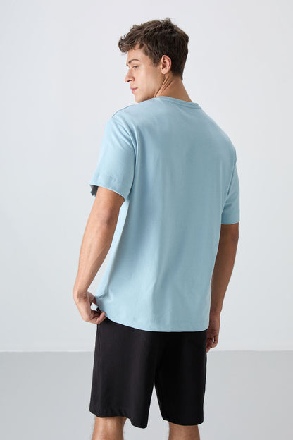 Light Blue Cotton Thick Soft Textured Oversize Fit Printed Men's T-Shirt - 88328