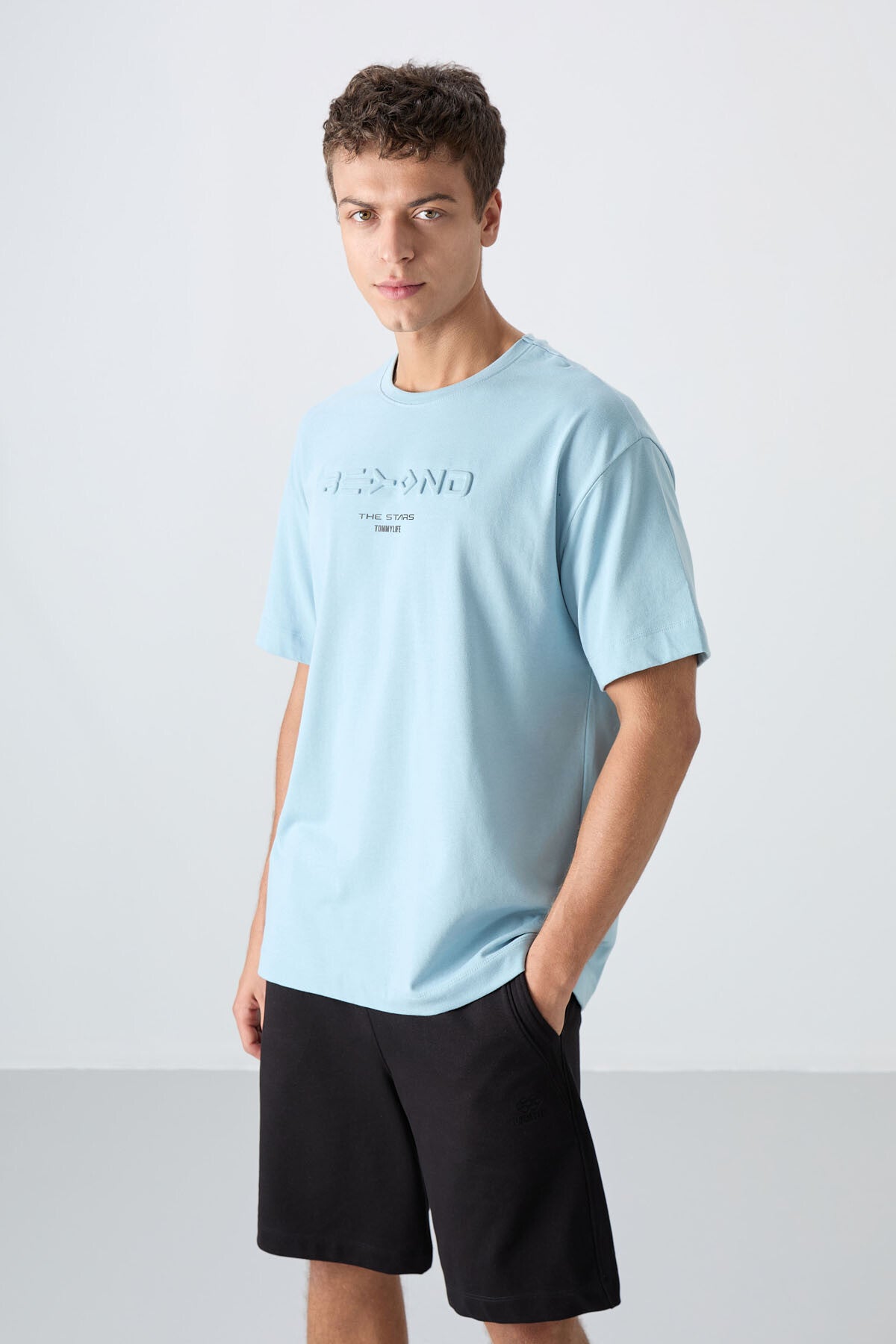 Light Blue Cotton Thick Soft Textured Oversize Fit Printed Men's T-Shirt - 88328
