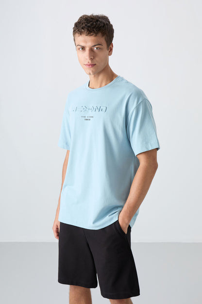 Light Blue Cotton Thick Soft Textured Oversize Fit Printed Men's T-Shirt - 88328