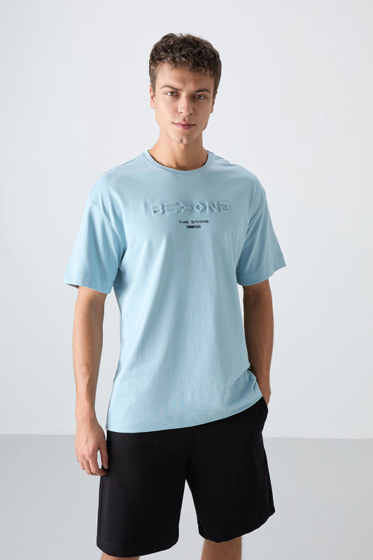 Light Blue Cotton Thick Soft Textured Oversize Fit Printed Men's T-Shirt - 88328
