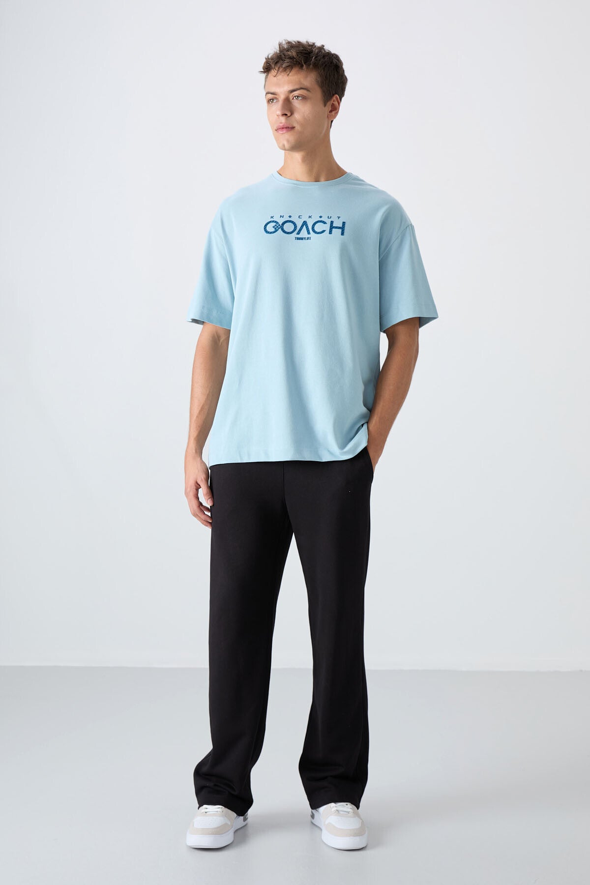 Light Blue Cotton Thick Soft Textured Oversize Fit Printed Men's T-Shirt - 88329