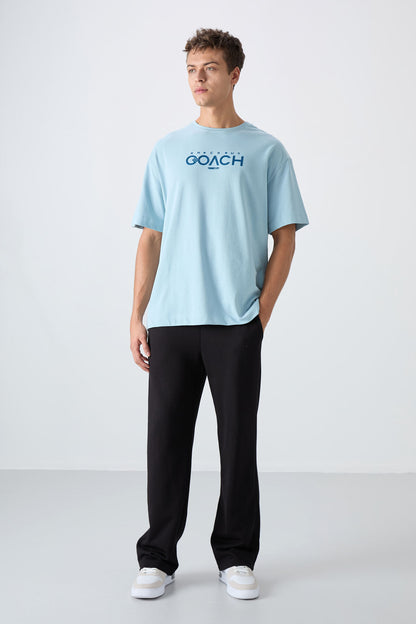 Light Blue Cotton Thick Soft Textured Oversize Fit Printed Men's T-Shirt - 88329