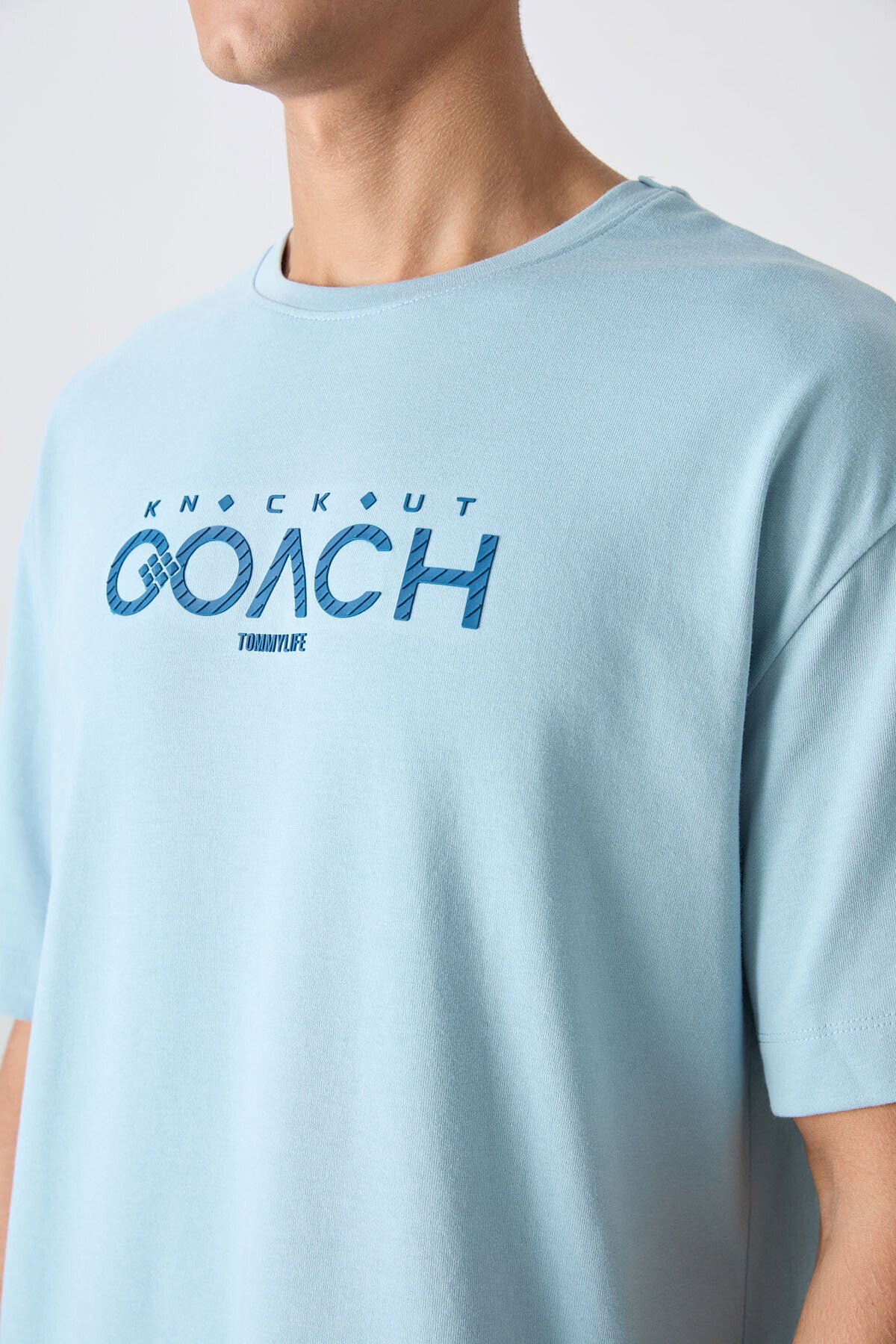 Light Blue Cotton Thick Soft Textured Oversize Fit Printed Men's T-Shirt - 88329