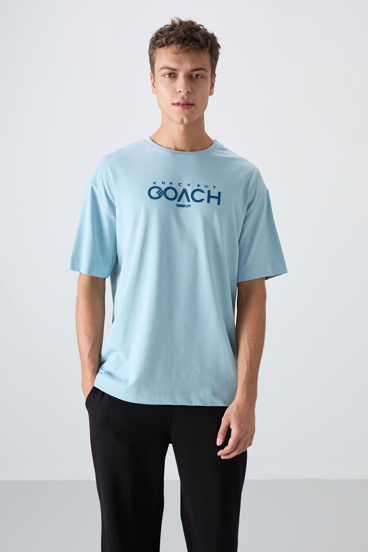 Light Blue Cotton Thick Soft Textured Oversize Fit Printed Men's T-Shirt - 88329