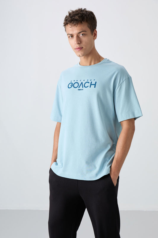 Light Blue Cotton Thick Soft Textured Oversize Fit Printed Men's T-Shirt - 88329