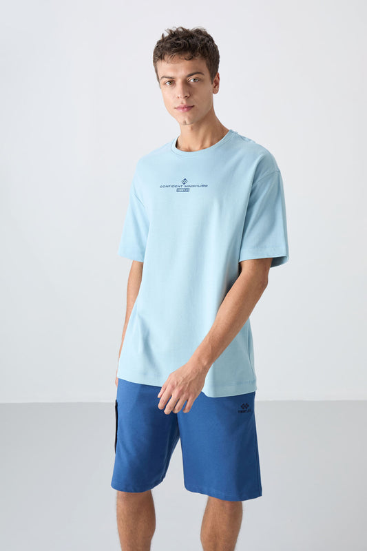 Light Blue Cotton Thick Soft Textured Oversize Fit Printed Men's T-Shirt - 88321