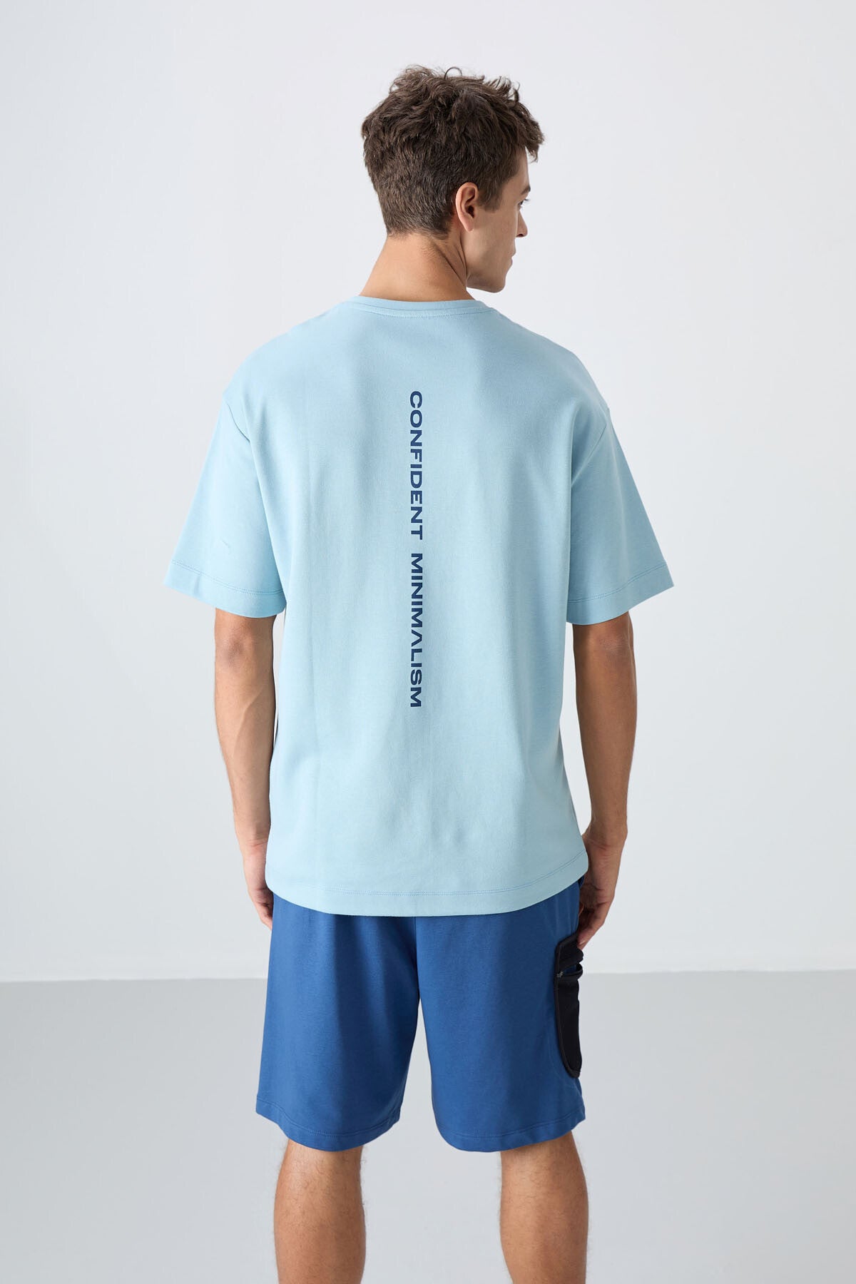 Light Blue Cotton Thick Soft Textured Oversize Fit Printed Men's T-Shirt - 88321