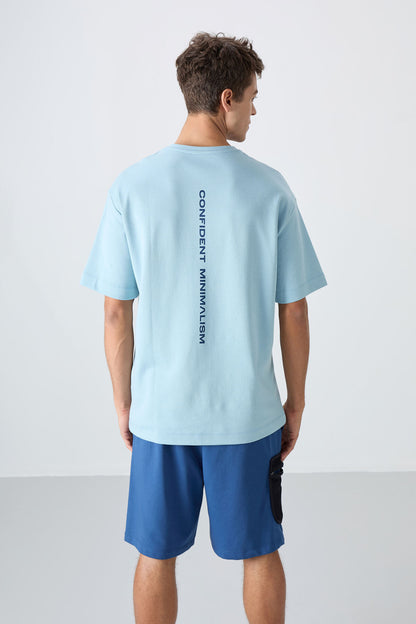 Light Blue Cotton Thick Soft Textured Oversize Fit Printed Men's T-Shirt - 88321