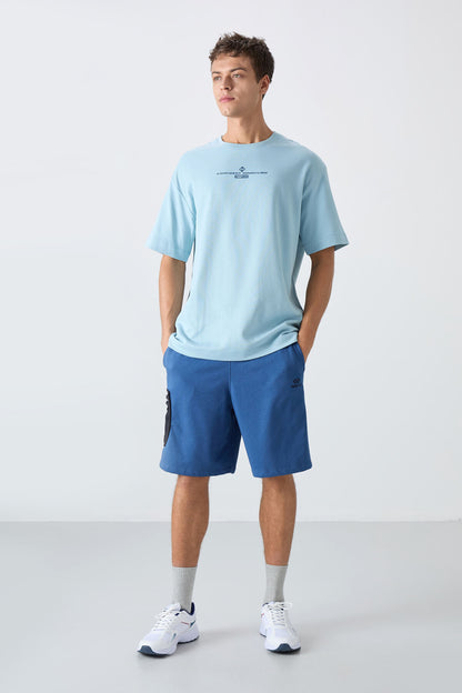 Light Blue Cotton Thick Soft Textured Oversize Fit Printed Men's T-Shirt - 88321