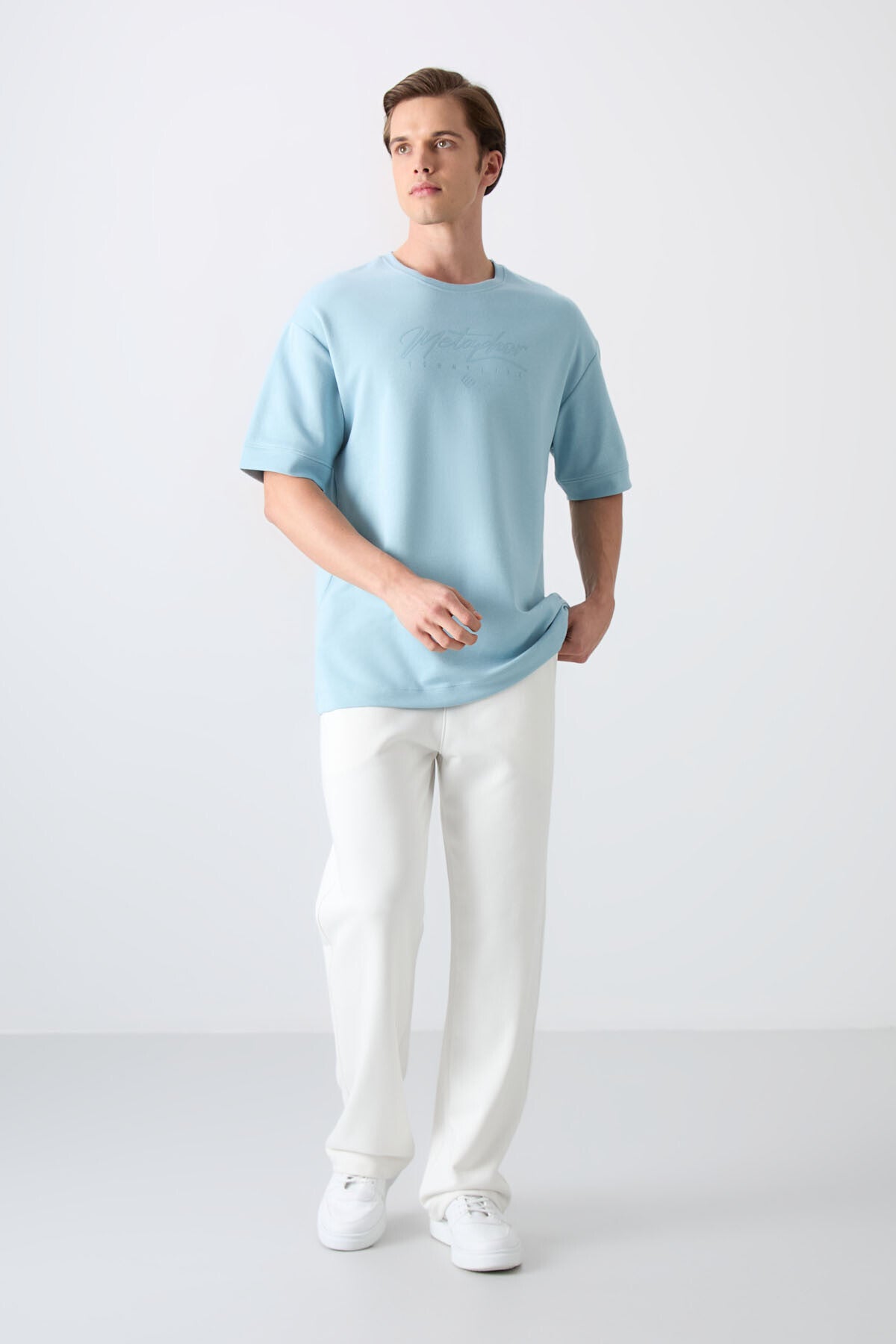 Light Blue Cotton Thick Soft Textured Oversize Fit Printed Men's T-Shirt - 88320