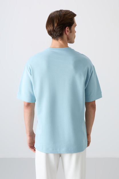 Light Blue Cotton Thick Soft Textured Oversize Fit Printed Men's T-Shirt - 88320