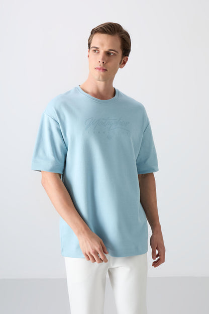 Light Blue Cotton Thick Soft Textured Oversize Fit Printed Men's T-Shirt - 88320