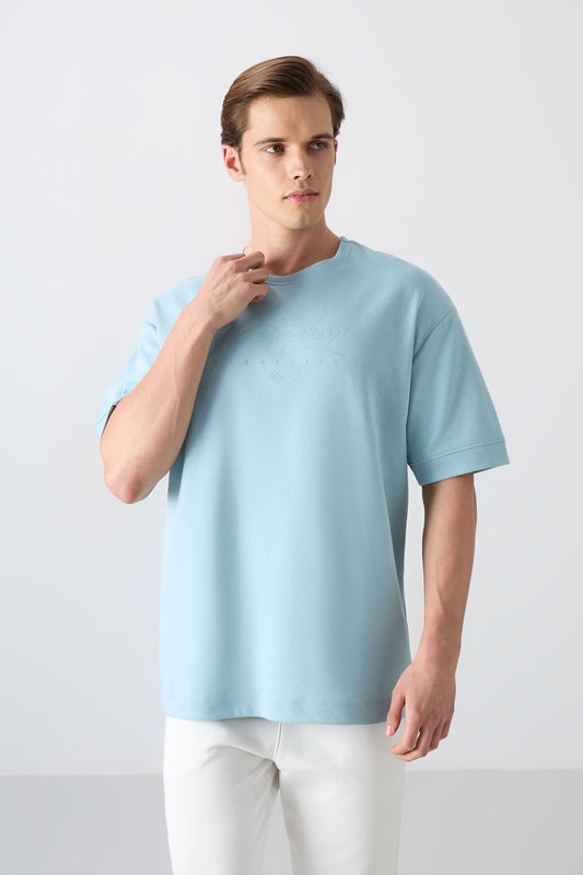 Light Blue Cotton Thick Soft Textured Oversize Fit Printed Men's T-Shirt - 88320
