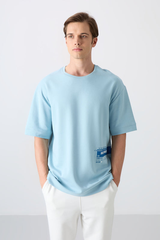 Light Blue Cotton Thick Soft Textured Oversize Fit Printed Men's T-Shirt - 88322