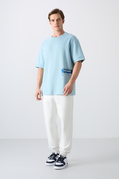 Light Blue Cotton Thick Soft Textured Oversize Fit Printed Men's T-Shirt - 88322