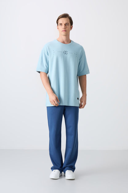 Light Blue Cotton Thick Soft Textured Oversize Fit Printed Men's T-Shirt - 88323