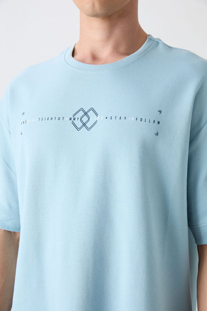 Light Blue Cotton Thick Soft Textured Oversize Fit Printed Men's T-Shirt - 88323
