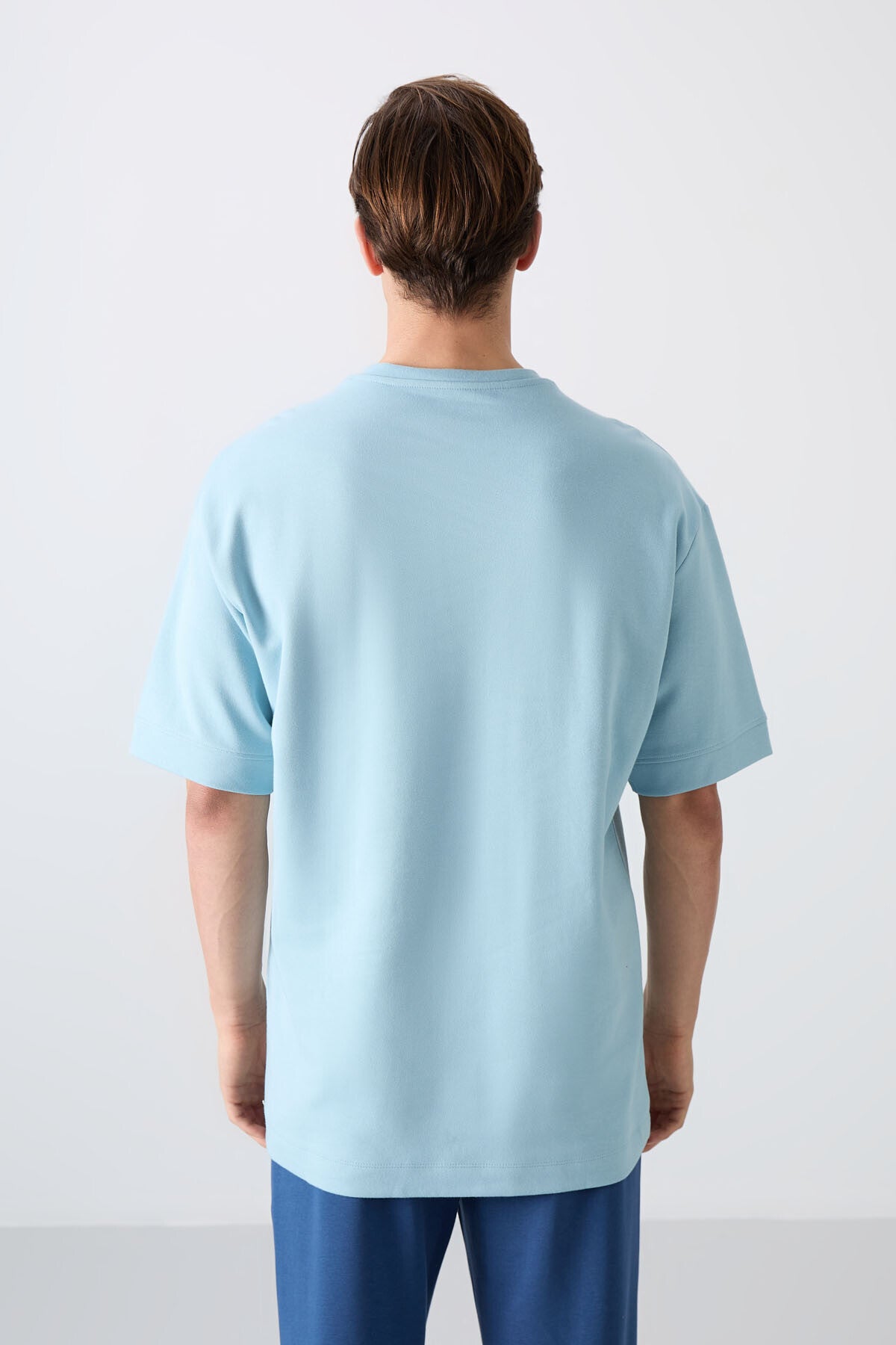 Light Blue Cotton Thick Soft Textured Oversize Fit Printed Men's T-Shirt - 88323