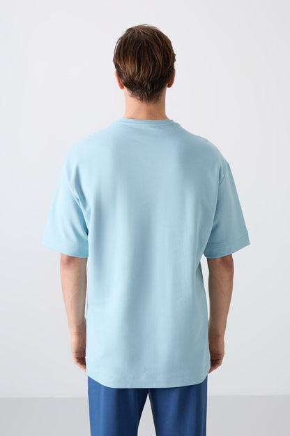 Light Blue Cotton Thick Soft Textured Oversize Fit Printed Men's T-Shirt - 88323