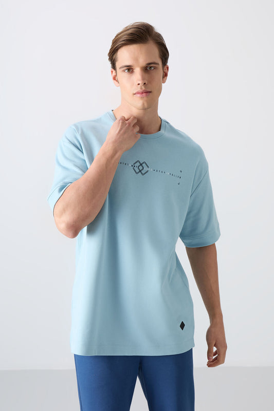 Light Blue Cotton Thick Soft Textured Oversize Fit Printed Men's T-Shirt - 88323
