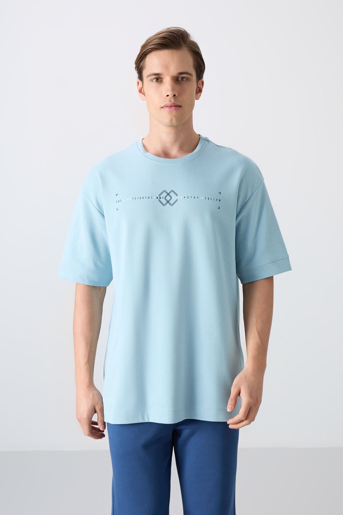 Light Blue Cotton Thick Soft Textured Oversize Fit Printed Men's T-Shirt - 88323