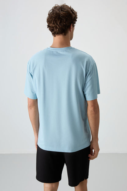 Light Blue Cotton Thick Textured Surface Oversize Fit Printed Men's T-Shirt - 88364
